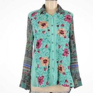 Aqua Floral Embroidered Button-Down Shirt